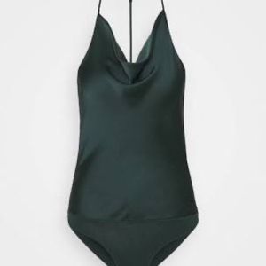 Satin Cowl Neck Bodysuit, Dark Green